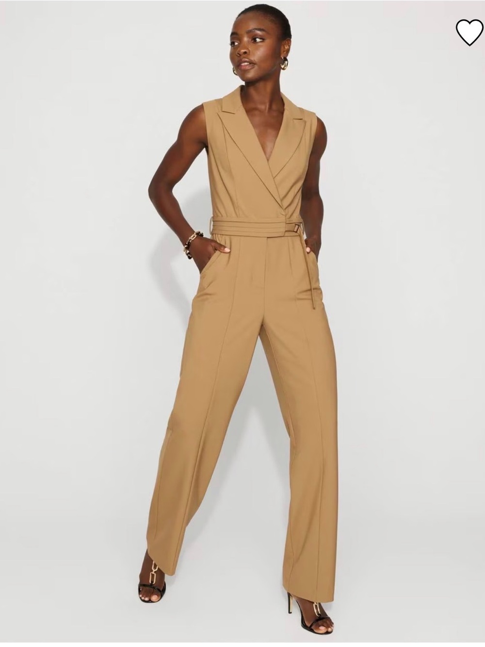 White House Black Market Camel Sleeveless V-Neck Belted Jumpsuit